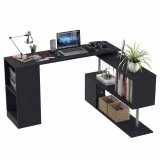 HOMCOM Birou Modern cu Rafturi Rotative 360&deg;, Design L, Negru, PAL, 140x120x78.2cm | Aosom Romania