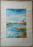 Peisaj cu lac// acuarela Rodica Raileanu 1987, Portrete, Cerneala, Altul