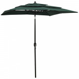 Umbrelă de soare 3 niveluri, st&acirc;lp de aluminiu, verde, 2x2 m, vidaXL