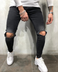 Blugi barbati negri conici rupti in genunchi slimfit elastici foto
