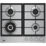 Plita incorporabila Beko HIAW64325SX, Gaz, 4 arzatoare, FlameAdjust, Arzator wok, Gratare fonta, 60 cm, Inox