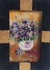 PICTURA, TABLOU modern, FLORI, rama lemn cu intarsii de foita aur ,pictor roman
