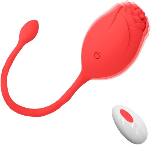 Ou Vibrator Ambrosia, 10 Moduri Vibratii, Remote Control, Silicon, USB, Rosu, 19 cm, Passion Labs, Rose Collection