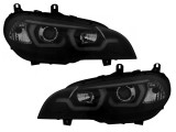 Set faruri Bmw X5 (E70), 10.2006-11.2013, partea Stanga+Dreapta, Tuning, Fata, cu lentile; cu lumina de zi; H1+H7; electric; negru, transparent; cu m