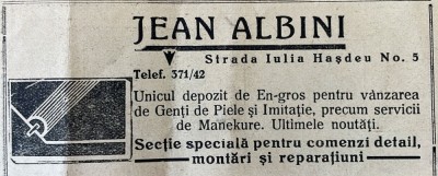 1931 Reclamă rom&amp;acirc;nească Magazin de gentie de piele si imitatie JEAN ALBINI Bucuresti interbelic Str. Iulia Hasdeu Nr.5 istoria modei industrie comert foto