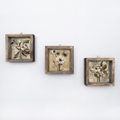 Tablou MDF cu rame Flori Uscate, Multicolor, 15x15 cm, 3 bucăți foto
