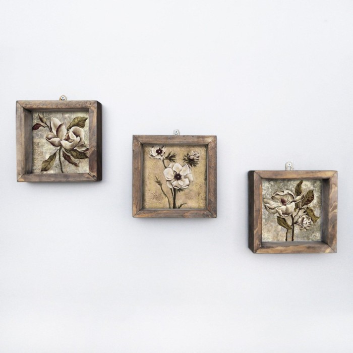 Tablou MDF cu rame Flori Uscate, Multicolor, 15x15 cm, 3 bucăți