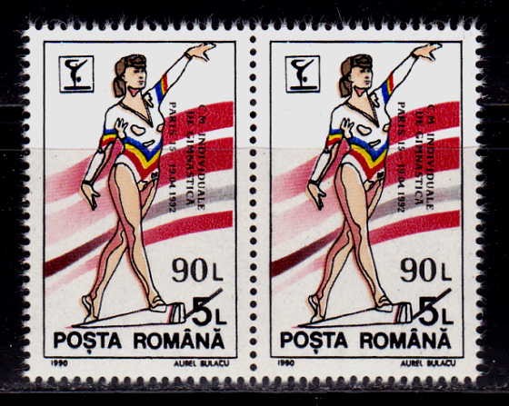 RO 1992 LP 1279 &quot;Camp.Gimnastica Paris - supratipar&quot;, serie pereche , MNH