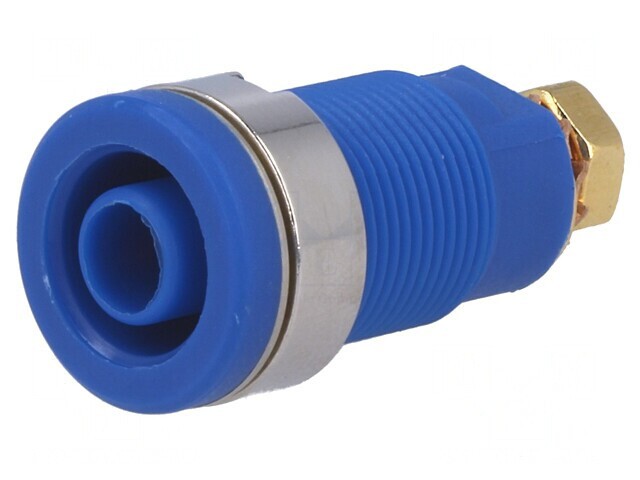 Soclu banană 4mm 32A albastru aurit pe panou