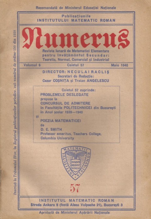 Romania, Revista Numerus, volumul 6, caietul 57/1940