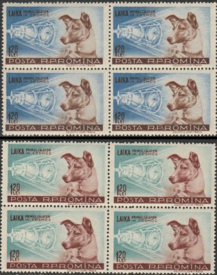 1957 Romania - Catelusa Laika in Cosmos, blocuri de 4 timbre LP 447 MNH foto