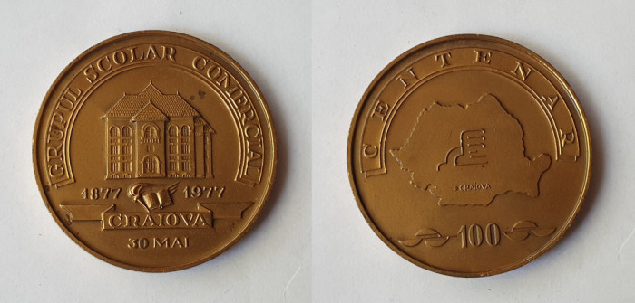 CRAIOVA - Grupul Scolar Comercial - Centenar 1877-1977, placheta RSR, Medalie