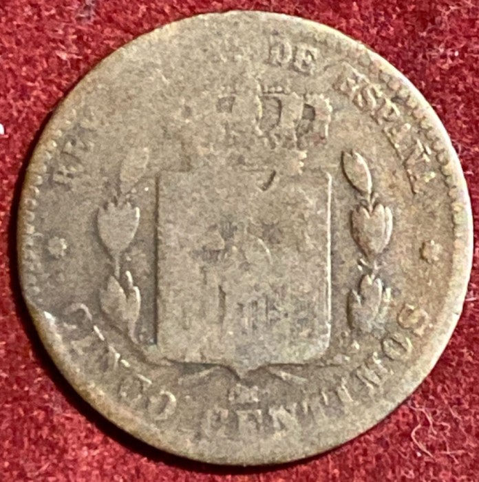 5(CINCO) CENTIMOS 1878 SPANIA,REGELE ALPHONSO XII / BRONZ 5 g./ 25mm./ POZE...