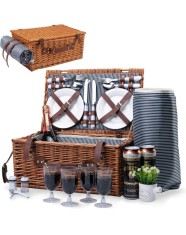 Cos picnic handmade din rachita, Willow Weave GC-03, 4 persoane, compartiment termoizolant, patura impermeabila, set tacamuri Inclus, design elegant