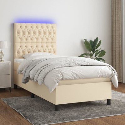 vidaXL Pat cu arcuri, saltea și LED, crem, 90x190 cm, textil 3135082 foto