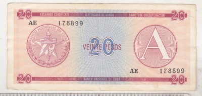 bnk bn Cuba 20 pesos exchange certificate , seria A , vf foto