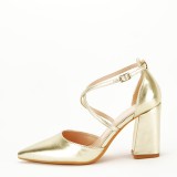 Cumpara ieftin Sandale Dama Elegante Aurii cu Toc Gros 8.5cm, Piele Eco, Decupate, Varf Ascutit, Curele Incrucisate