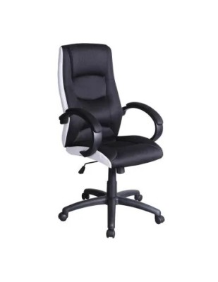 Scaun directorial SL Q041, Inaltime ajustabila, Mecanism balansare, Stofa cu insertii de piele ecologica, 100 Kg, Alb/Negru foto