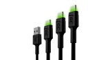 Set de cabluri Green Cell 3x GC Ray USB-C 30cm, 120cm, 200cm Cablu USB de date și &icirc;ncărcare cu LED-uri verzi Iluminare cu LED-uri Ultra Charge &icirc;ncărca