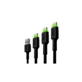 Set de cabluri Green Cell 3x GC Ray USB-C 30cm, 120cm, 200cm Cablu USB de date și &icirc;ncărcare cu LED-uri verzi Iluminare cu LED-uri Ultra Charge &icirc;ncărca