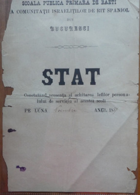 Stat de plata a Scolii primare a comunitatii israelitilor de rit spaniol din Bucuresti, 1887 foto