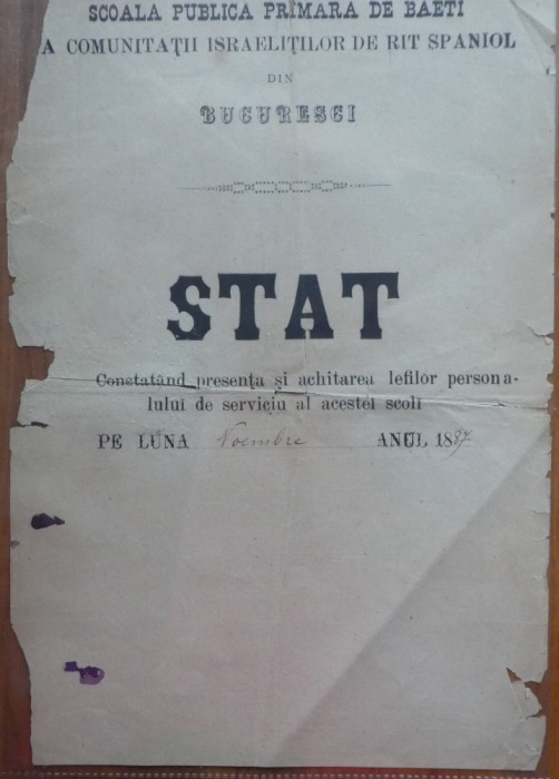 Stat de plata a Scolii primare a comunitatii israelitilor de rit spaniol din Bucuresti, 1887