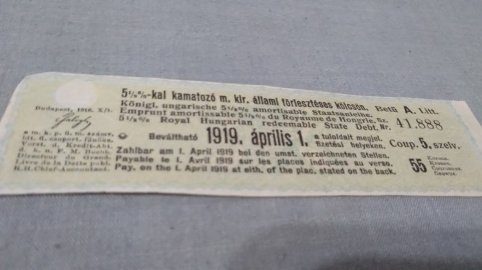 CUPOANE DE TREZORERIE CU REDUCERE 1919 UNGARIA
