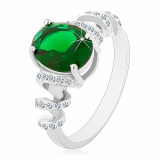 Inel de logodnă placat cu rodiu, argint 925, zirconiu oval verde, spirală strălucitoare - Marime inel: 55