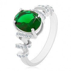 Inel de logodnă placat cu rodiu, argint 925, zirconiu oval verde, spirală strălucitoare - Marime inel: 68