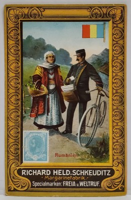 ROMANIA , POSTAS INMANAND CORESPONDENTA UNEI FEMEI IN COSTUM POPULAR , CARTE POSTALA , RECLAMA FABRICII DE MARGARINA &amp;#039; RICHARD HELD. SCHKEUDITZ &amp;#039; , foto