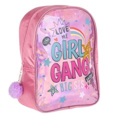 Ghiozdan pentru Fete, Gradinita, Roz Holografic, Model &bdquo;Girl Gang&rdquo;, cu Pompon