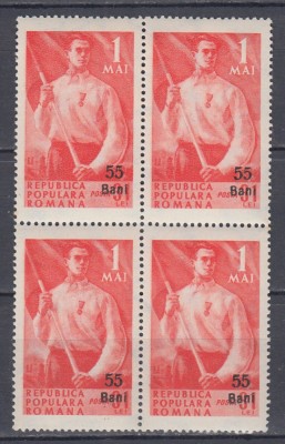 ROMANIA 1952 LP 304 - 1 MAI SUPRATIPAR BLOC DE 4 TIMBRE MNH foto