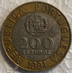 200 ESCUDOS 1991 PORTUGALIA/ MONEDA BIMETAL(CUPRU-BRONZ si ALUMINIU)9,8g / 28mm. foto