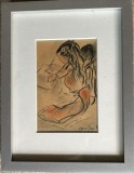 Tablou, lucrare tehnică mixtă Aurel Jiquidi, rama si paspartu noi, sticla, 26x20 / 15 x 10 cm