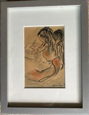 Tablou, lucrare tehnică mixtă Aurel Jicquidi, rama si paspartu noi, sticla, 26x20 / 15 x 10 cm