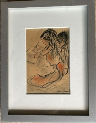 Tablou, lucrare tehnică mixtă Aurel Jicquidi, rama si paspartu noi, sticla, 26x20 / 15 x 10 cm foto