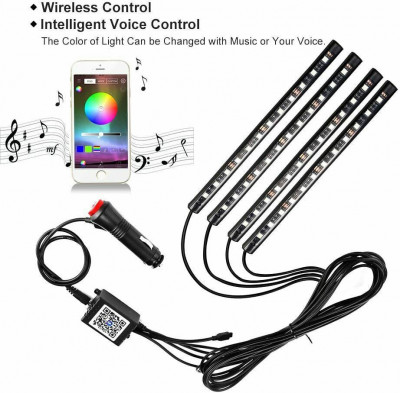 Kit 4 Lumini Ambientale RGB cu Aplicatie Telefon Bluetooth, 12V, 12 LED, 22 cm LAL-12 foto