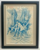 Toader Schipor 1954 Tablou Peisaj Muncitori pe Șantierul Naval grafica crochiu pastel albastru inramat 26x32cm
