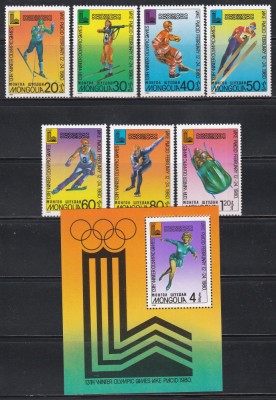 Mongolia 1980 - Jocurile Olimpice de iarnă - Lake Placid. Serie + Colita, MNH foto