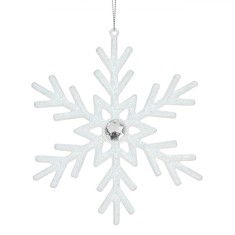 Ornament Brad Crăciun, Model Fulg Zăpadă, Culoare Alb, Glitter, Dimensiune 15 cm