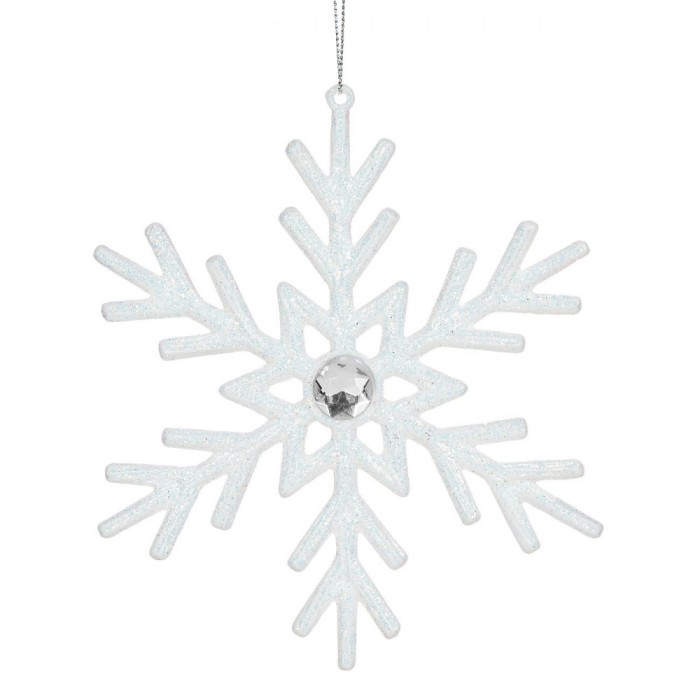 Ornament Brad Crăciun, Model Fulg Zăpadă, Culoare Alb, Glitter, Dimensiune 15 cm