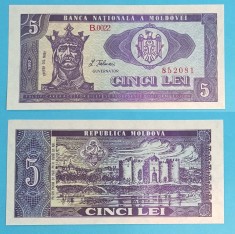 Moldova (p#6) 5 Lei 1992 UNC &#039;Prima emisie de Lei&#039; serie: B.0022 852081