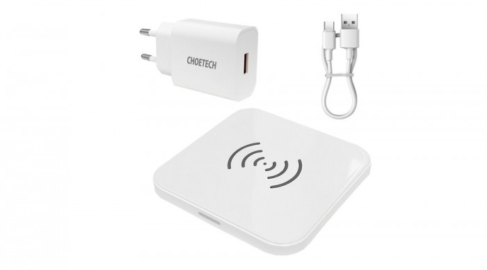 Choetech set &icirc;ncărcător wireless Qi 10W pentru căști negru (T511-S) + &icirc;ncărcător de perete EU 18W alb (Q5003) + cablu USB - microUSB 1,2 m alb