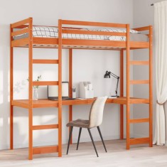Cadru pat supraetajat cu birou, maro, 90x200 cm, lemn masiv pin