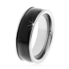 Inel neted din tungsten negru, uşor convex, suprafaţă lucioasă, margini argintii - Marime inel: 57