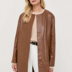 Weekend Max Mara palton de piele femei, culoarea maro, de tranzitie, oversize