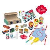 Set de joaca bucatarie cu aragaz din lemn, sort bucatar, 10 produse supermarket si accesorii