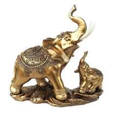 Statueta decorativa, Elefant cu pui, Gold, 21 cm, 511H-1