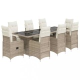 Cumpara ieftin Set bistro de gradina, 9 piese, cu perne, bej, poliratan
