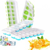 Set de 4 forme cu capac pentru cuburi de gheata MufHomse, silicon/polipropilena, alb/albastru/verde, 25,1 x 9,9 x 3 cm